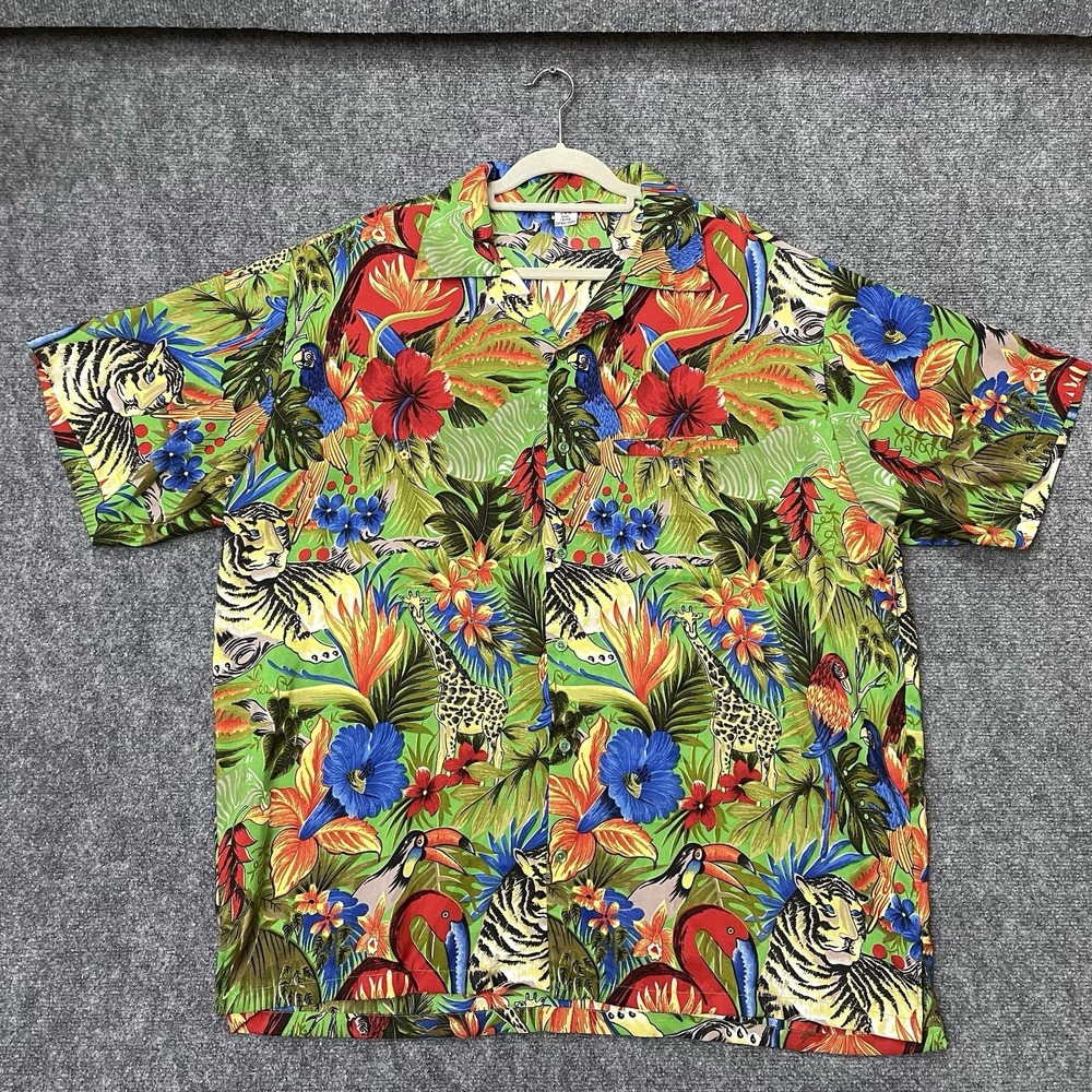 VHO Hawaiian Shirt Vibrant Colorful Floral Jungle Animals Birds Green Mens 3XL